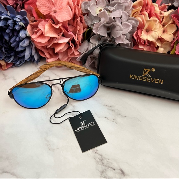 KINGSEVEN Natural Zebra Wood Blue Mirrored Polarized Aviator Sunglasses - Picture 6 of 16